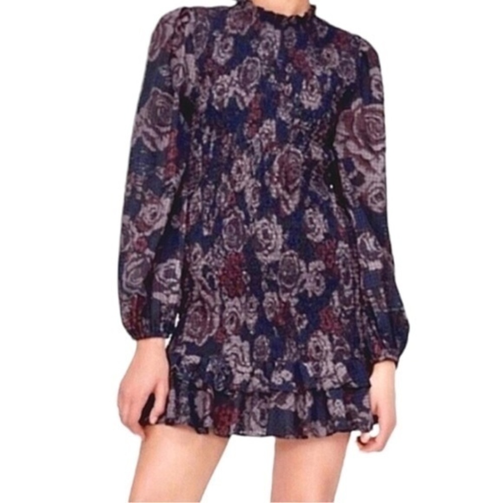 ZARA Mock Neck Floral Smocked Ruffle Hem Mini Dress size XS great condit…